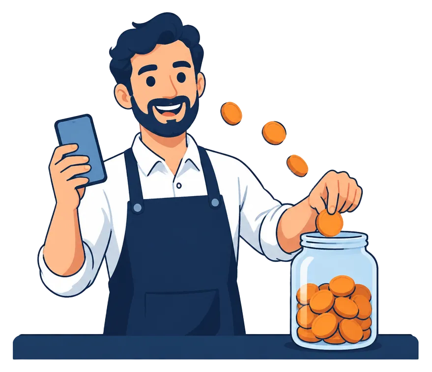 Un barista che mette monete arancioni in un vasetto di vetro